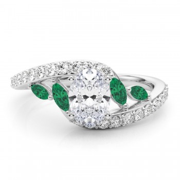 Swirl Design Diamond & Marquise Emerald Engagement Ring 14K White Gold (0.63ct)